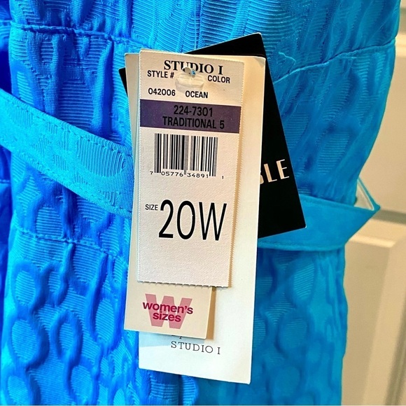 Studio 1 Agua Blue Formal Sleeveless Dress w/Flowered Belt V-neck Front Size 20W - Picture 8 of 12